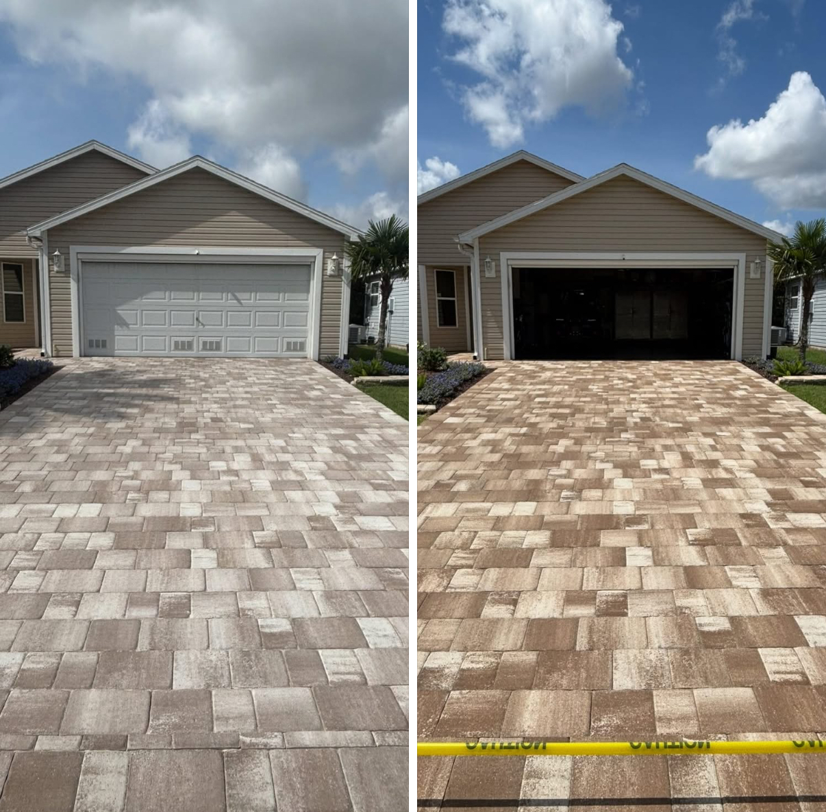 Tan paver driveway pressure washing before and after